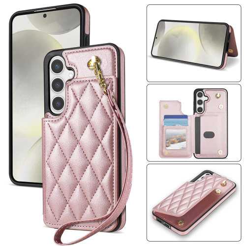 Samsung Galaxy A16 5G Rhombic Dual Buckle Card Slots Phone Case with Lanyard - Rose Gold